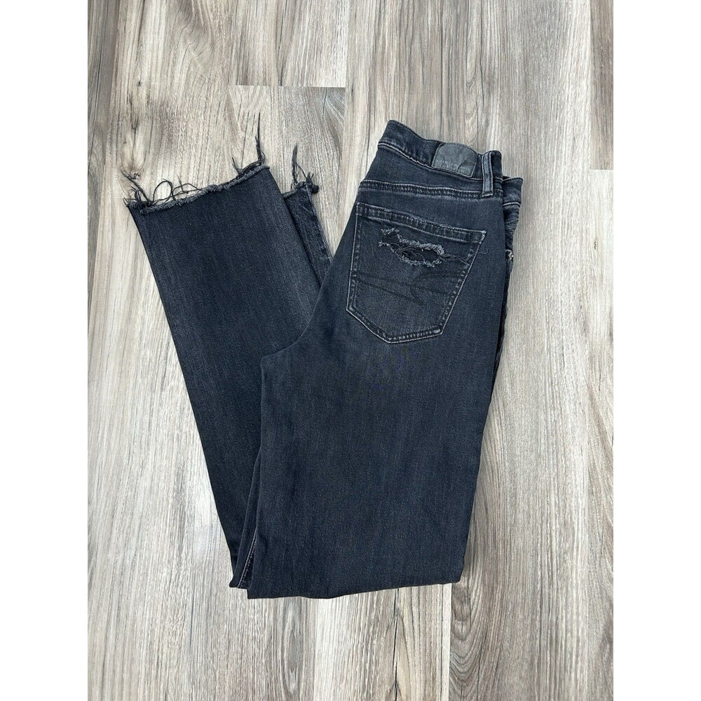 American Eagle Distressed Black Straight Jeans Raw Hem Size 0 R Strigid Grunge